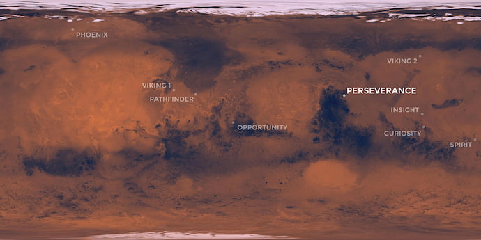 خريطة لجميع مواقع هبوط المركبات الفضائية والعربات التابعة لناسا على المريخ حتى اليوم، مع برسفرنس باللون الأبيض. الصورة من: NASA/JPL-Caltech