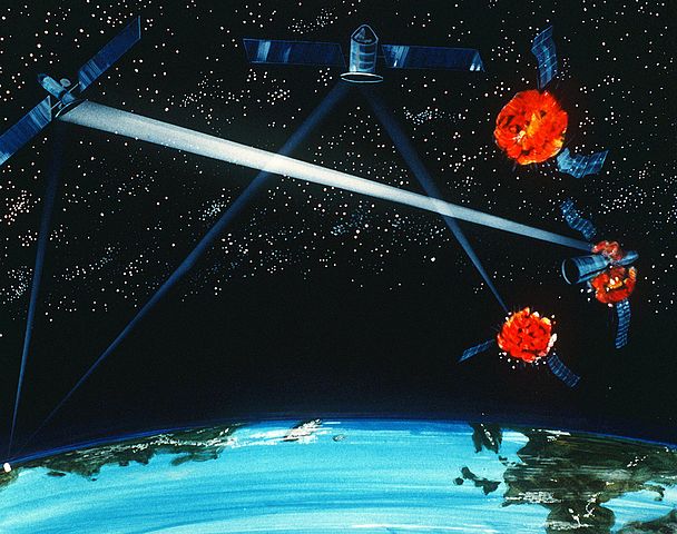 אלוסטרציה של חיל האוויר האמריקאי מ- 1984, המדגימה קונפליקט בין לוויינים בחלל