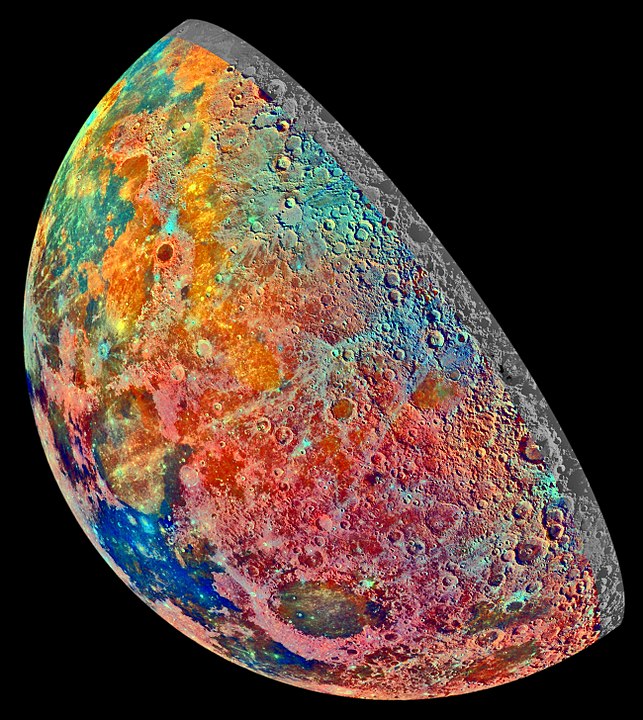 מפת תצריף מינרלית של הירח, כפי שצולם על ידי החללית גלילאו. קרדיט: NASA/JPL