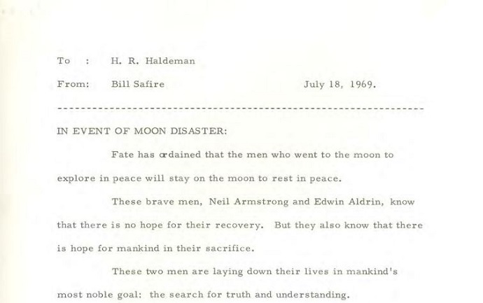 קטע מתוך נאומו של ניקסון, שהוכן למקרה שארמסטרונג ואולדרין נתקעים על הירח. קרדיט: Nixon Presidential Library