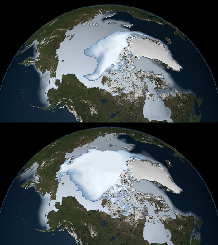 מלמטה: קרחוני הים הצפוני ב-1980 וב-2012. הלבן הבהיר מייצג את קרח העד, שנותר קפוא לאורך השנה. הכחול הבהיר מייצג את הממוצע השנתי