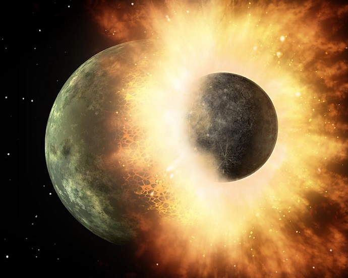 הדמיית אומן של שני כוכבי לכת קטנים מתנגשים. קרדיט: NASA/JPL-Caltech