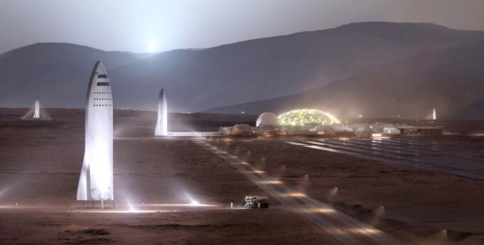 הדמיית החללית במושבה האנושית על מאדים. שימו לב לבסיס, לחוות הסולאריות ולמספר החלליות | איור: SpaceX