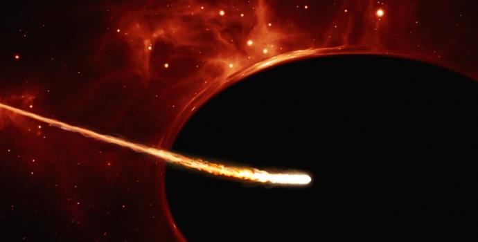 הדמייה של כוכב מאיץ בקרבת חור שחור על-מסיבי. הכוכב S2 שבסרטון מאיץ למהירות 7,650 ק"מ לשנייה | ESO, ESA/Hubble, M. Kornmesser