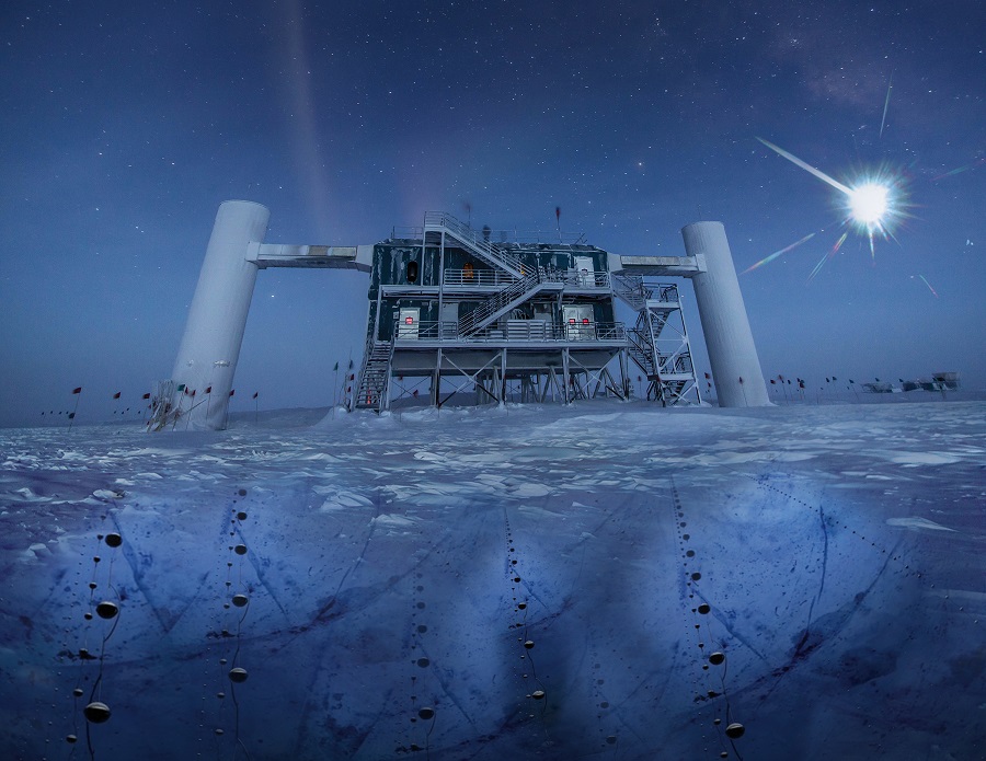 תמונה של מעבדת IceCube, עם הדמיית מקור שטף חלקיקי הנייטרינו – וגילויים מתחת לפני הקרח. קרדיט: Icecube/NSF