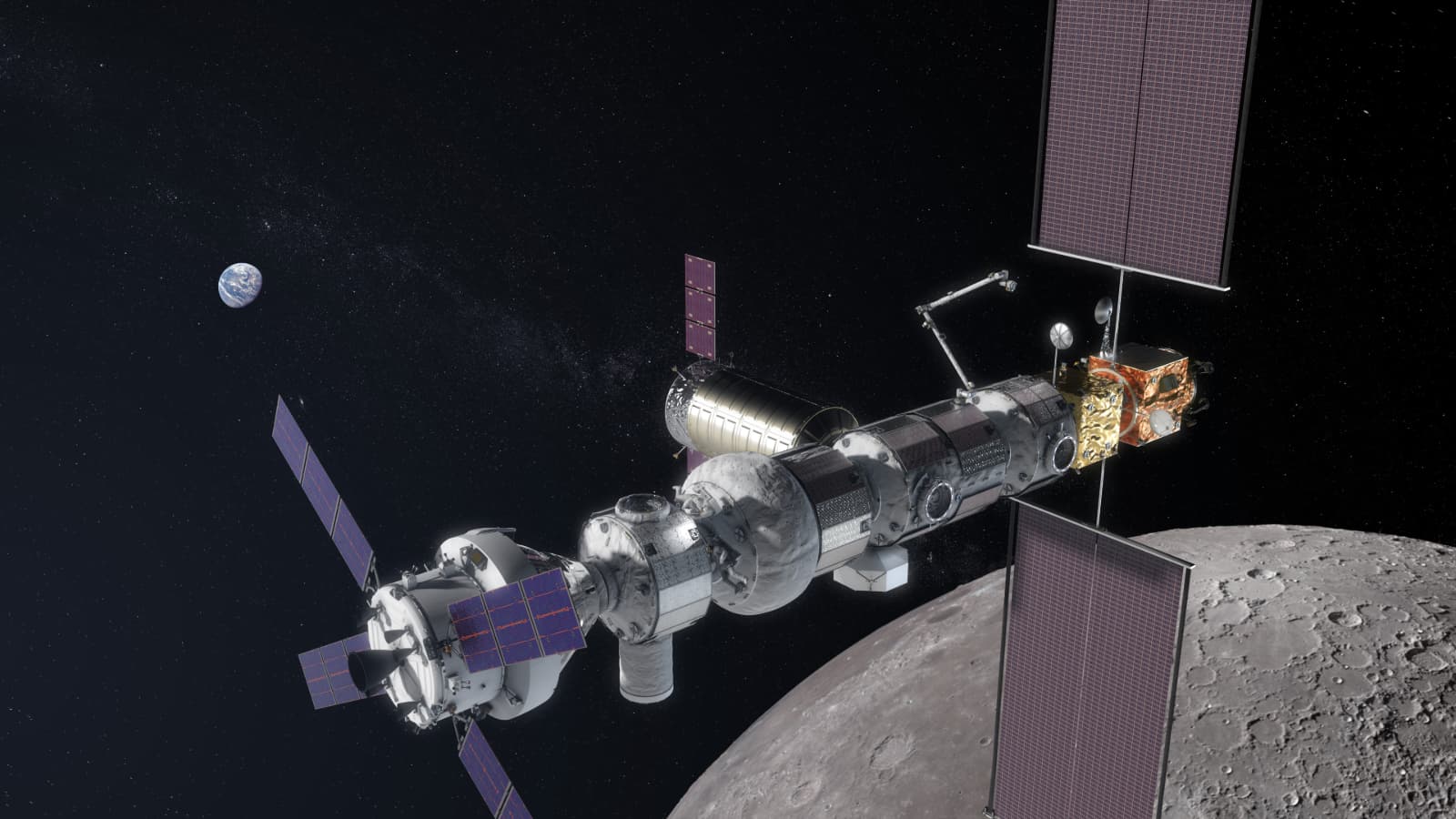 השלב הראשון בתוכנית החדשה של נאס"א: להשתמש בתחנת החלל הירחית, שטרם נבנתה כמובן, כפלטפורמה לנחיתות על הירח עד 2024. הדמיה: נאס"א