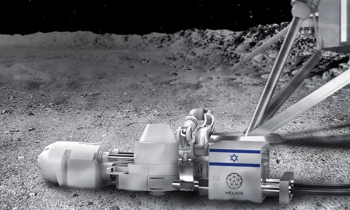 الشرح أسفل الصورة: رسم توضيحيّ للجهاز الذي سينفّذ التجربة على القمر. يُنسب إلى: Helios