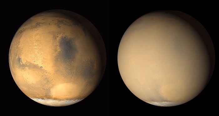מאדים ביוני 2001 (משמאל) וביולי 2001 (מימין), כשסופת חול כיסתה את כוכב הלכת