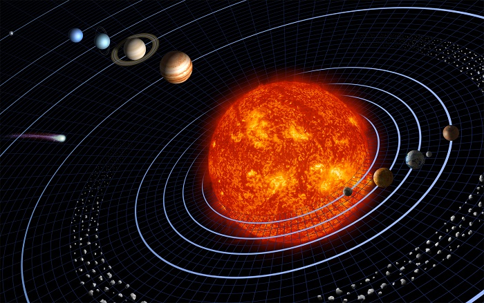 דיאגרמה של מערכת השמש. במציאות, במרחק שבין כדור הארץ לירח (מצד שמאל), היה ניתן לדחוס את כל שאר כוכבי הלכת. קרדיט: נאס