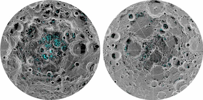 כיסי קרח במכתשים מוצללים תמיד בקוטב הדרומי (שמאל) והצפוני (ימין) של הירח, כפי שמופו על ידי LRO. קרדיט: נאס
