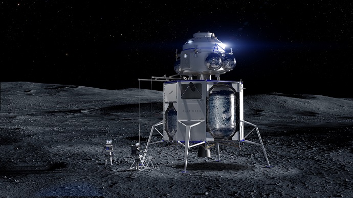 הדמיה של בלו אוריג'ין המראה אסטרונאוטים נוחתים על הירח באמצעות הבלו מון. קרדיט: Blue Origin