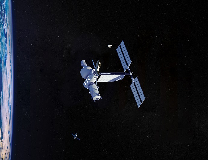 הדמיה של האורביטל ריף של בלו אוריג'ין וסיירה ספייס, עם שתי חלליות סטארליינר של בואינג מרחפות לצידה. קרדיט: אורביטל ריף