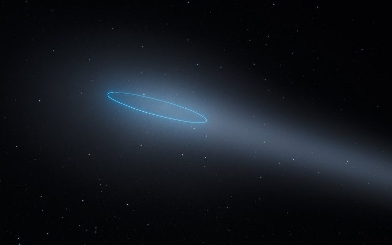 زوج من الكويكبات يدوران حول بعضهما البعض في دائرة ويتركان خلفهما ذيلاً كما تفعل المذنبات | رسم: ESA/ Hubble/ L. Calçada.