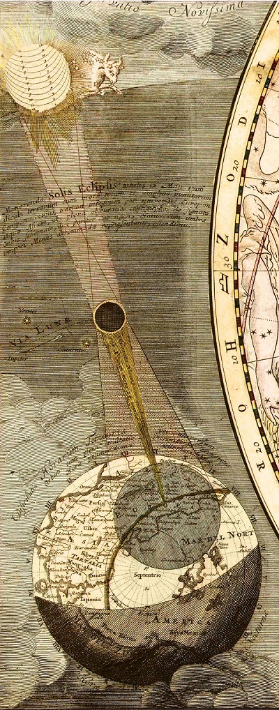 איור של ליקוי החמה שהתרחש ב- 12 במאי 1706 עם השטח שעליו הירח הטיל צל | Library of Congress