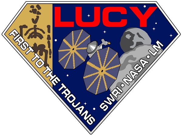 شعار المهمة لوسي إلى كوكب المشتري، شكل الماسة في الشعار يرمز أيضاً إلى أغنية لفرقة البيتلز. تصوير: NASA/SwRI