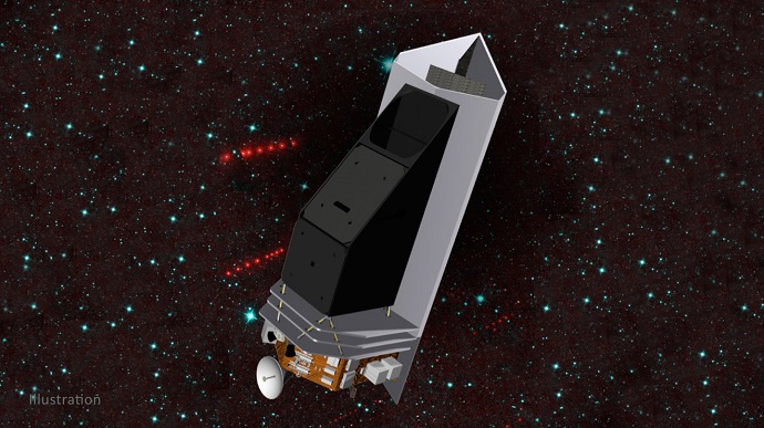 تجسيد لتلسكوب الفضاء سرويور خلال عمله. النقاط الحمراء تعرض تحديد البصمة الحرارية لأجرام قريبة من الأرض. الصورة من: NASA/JPL-Caltech