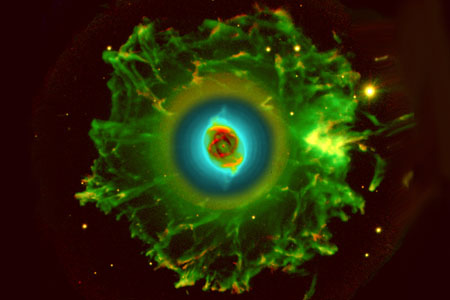 הערפילית הפלנטרית עין החתול, בעיבוד לצילום אשר מציג את הרכבה הגזי של הערפילית | ר.קוראדי, ד.גונקאלבס NASA