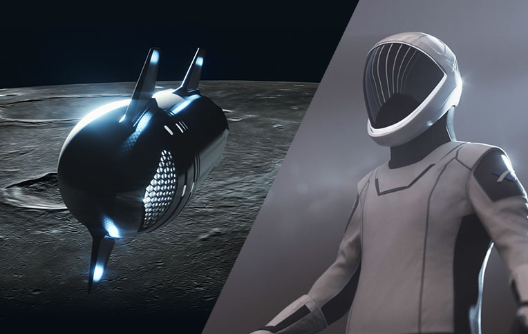 חליפת החלל המיועדת למשימה והדמיית החללית של ספייס אקס שתמריא לירח. קרדיט: DearMoon
