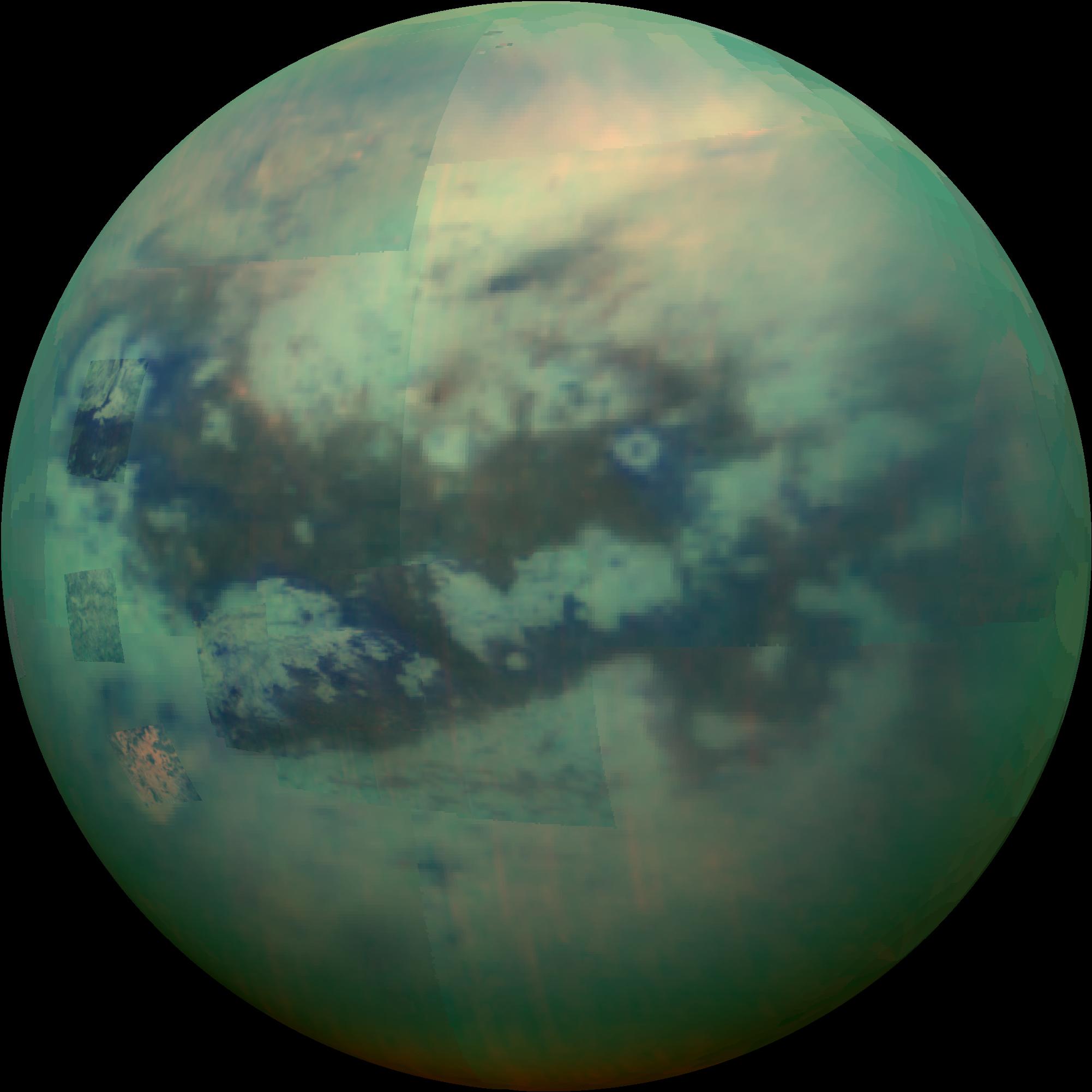 תמונת תצריף של טיטאן מתחת לענני המתאן מגלה גופי נוזלים כמו אגמים ונהרות על פני השטח – היחידים מחוץ לכדור הארץ | צילום: NASA