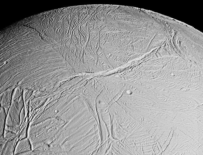 ירח הקרח אנקלדוס. לפי הערכות, באוקיינוס הגלובלי של אנקלדוס יש יותר מים מאשר בכל כדור הארץ | צילום: NASA.