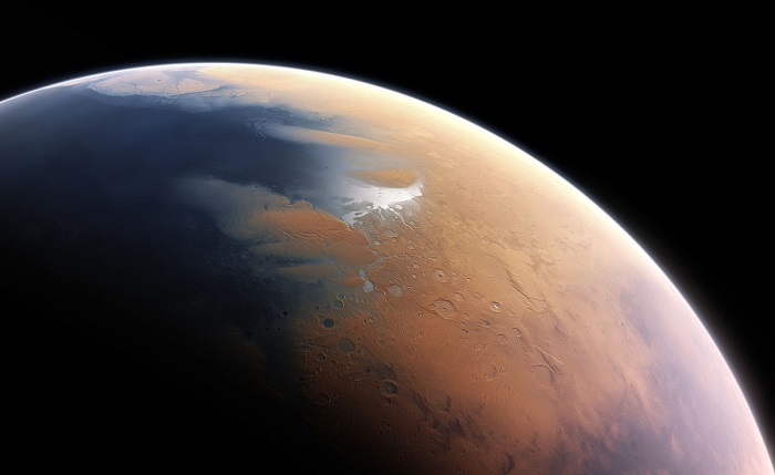 אילוסטרציה של מאדים, כפי שהיה לפני ארבעה מיליארד שנה: עם מים זורמים, אטמוספרה עבה ושדה מגנטי עצמאי. קרדיט: ESO/M. Kornmesser