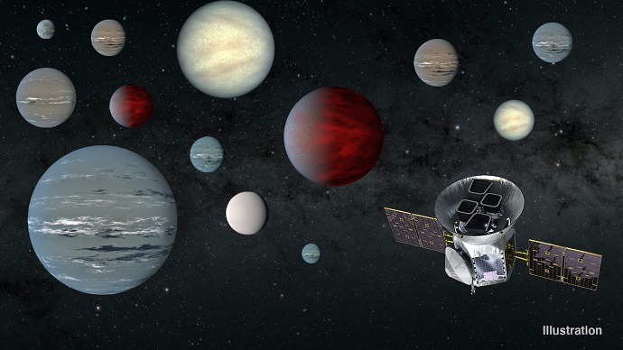אילוסטרציה של TESS עם כמה מכוכבי הלכת החוץ-שמשיים שגילה. הצל שמטיל כוכב לכת חולף אמור להיראות שונה מהצל שתטיל ספינת חלל ענקית, למשל. קרדיט: NASA/JPL-Caltech