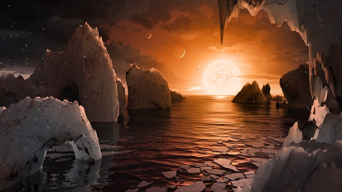 אילוסטרציה של פני השטח האפשריים מפני אחד מכוכבי הלכת שהתגלו ב- Trappist-1 | הדמיה: NASA