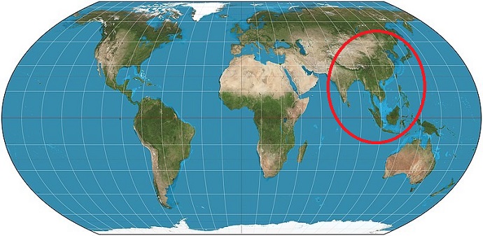 מפת העולם. בשטח העיגול האדום (סין, הודו, אינדונזיה ויפן) חיים יותר אנשים מאשר מחוץ לעיגול. קרדיט: Strebe