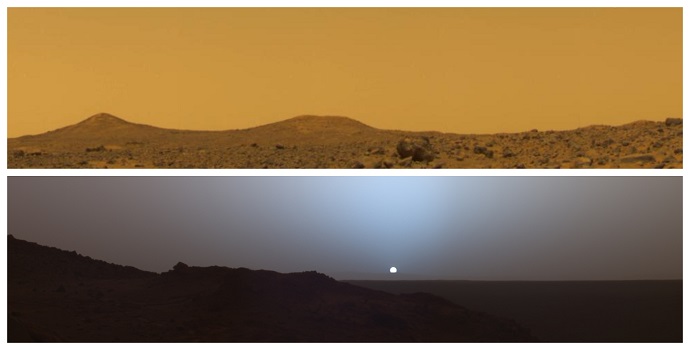 למעלה: מאדים באמצע היום. למטה: מאדים בשקיעה. קרדיט: NASA/JPL-Caltech