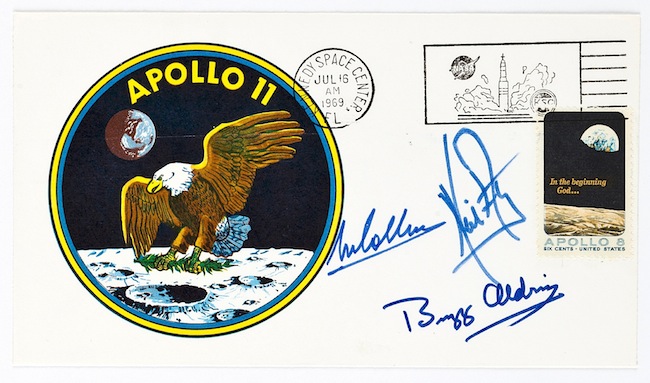 מעטפת ביטוח של אפולו 11, חתומה ומתוארכת ל-16 ביולי 1969. קרדיט: Collectors Weekly