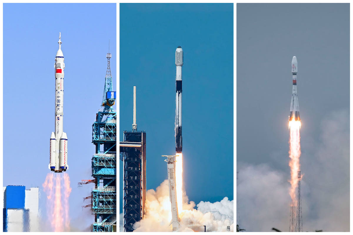 משמאל: לונג מארץ' 2 הסיני, פאלקון 9 של ספייס אקס עם סטארלינק וסויוז רוסי עם לווייני וואן ווב. קרדיט: Xinhua/SpaceX/Arianespace