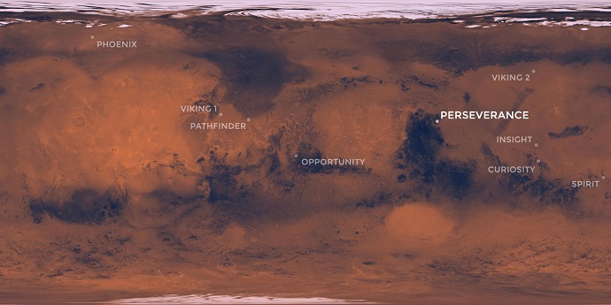 מפת כל אתרי הנחיתה של הנחתות והרוברים של נאס"א על מאדים עד היום. קרדיט: NASA/JPL-Caltech