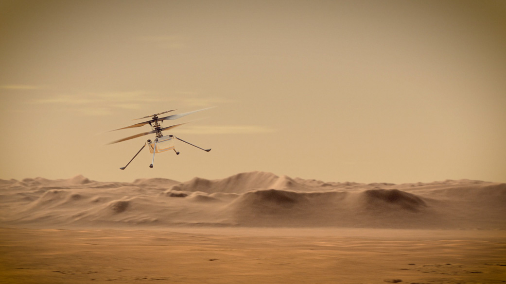 تجسيد لمروحية انجنيويتي خلال العمل. مركبة الطيران الأولى خارج الكرة الأرضية. الصورة من: NASA/JPL-Caltech