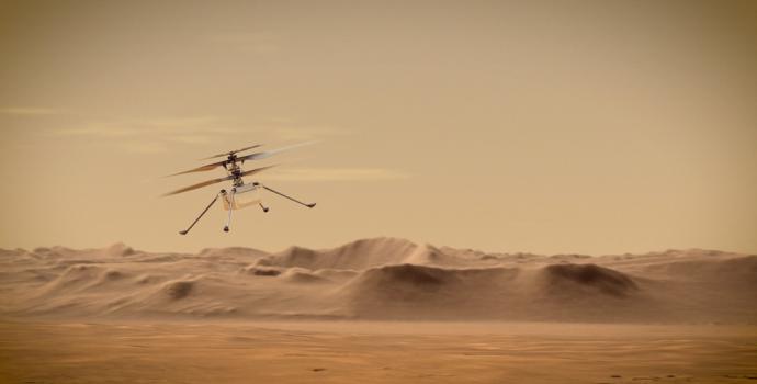 הדמיה של המסוק אינג'יניואיטי בפעולה. כלי הטיס הראשון מחוץ לכדור הארץ. קרדיט: NASA/JPL-Caltech