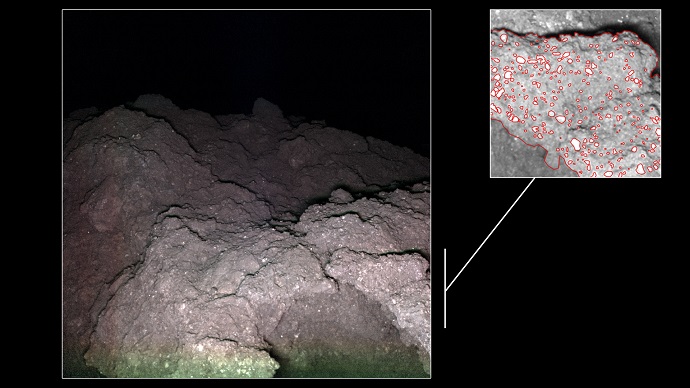 סלע דמוי כרובית על פני השטח של ריוגו. משמאל – החללים בתוך הסלע. ב-2020 נקבל את דגימות הקרקע. קרדיט: DLR