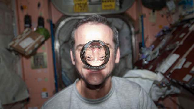 האסטרונאוט הקנדי כריס הדפילד מדגים מה קורה למים בחלל: הם הופכים לכדור. קרדיט: Via @Cmdr_Hadfield/Twitter