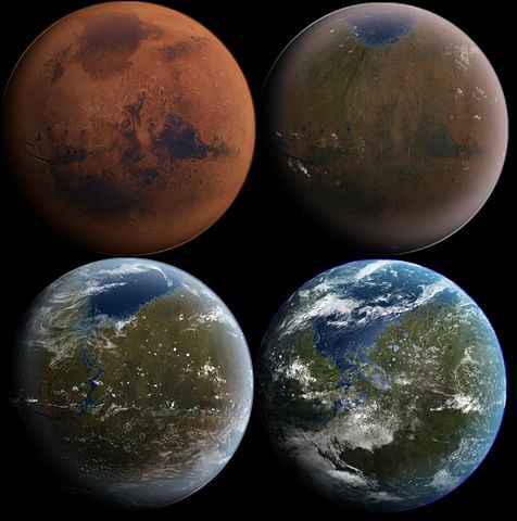 הדמיה של הארצת מאדים בארבעה שלבים, ממאדים כפי שהוא היום (למעלה משמאל) ועד למאדים חם ורטוב (למטה מימין). קרדיט: Daein Ballard