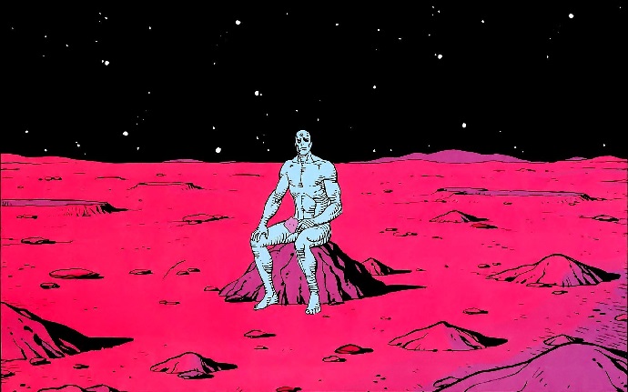 ד"ר מנהטן על סלע במאדים, מתוך הקומיקס השומרים. קרדיט: Dave Gibbons/John Higgins