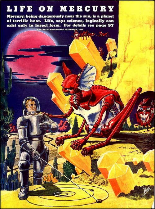 אסטרונאוט מסביר למרקוריאני מפחיד אך ידידותי היכן נמצא כדור הארץ. איור שפורסם בכתב העת Fantastic Adventures ב-1939. 