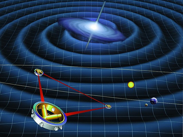 הדמיה של מערך ליסה. משולש הלייזרים ימדוד את עוצמת ואת מיקום (ומכאן שגם את גיל) גלי הכבידה שיעוותו את המרחב. קרדיט: NASA 