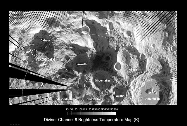 מפת הטמפרטורות של המכתשים בקוטב הדרומי של הירח. מכתש נובילי נמצא מצד ימין של התמונה, והוא נבחר על פני מועמדים אחרים כמו מכתש שאקלטון (בתחתית התמונה). קרדיט: נאס"א