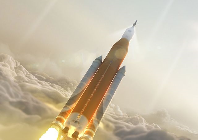 המשגר הכבד בהיסטוריה, SLS, וקפסולת החלל אוריון (בקצה). המשגר מיועד למשימות מאוישות לחלל העמוק, כמו לירח ולמאדים. הדמיה: נאס המשגר הכבד בהיסטוריה, SLS, וקפסולת החלל אוריון (בקצה). המשגר מיועד למשימות מאוישות לחלל העמוק, כמו לירח ולמאדים. הדמיה: נאס