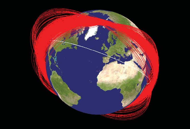 טבעות כדור הארץ: שרידי הניסוי הסיני חודש אחרי ההתנגשות. בלבן תחנת החלל הבינלאומית. הדמיה: NASA Orbital Debris Program Office
