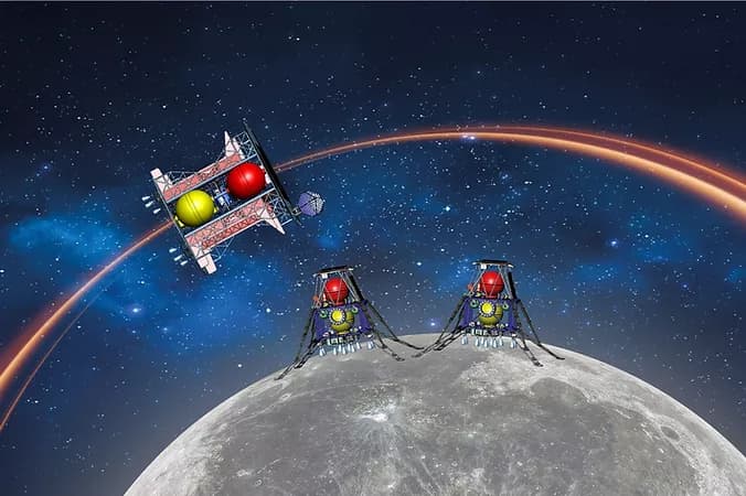 משימת בראשית 2 עם שתי הנחיתות על הירח. הדמייה: SpaceIL
