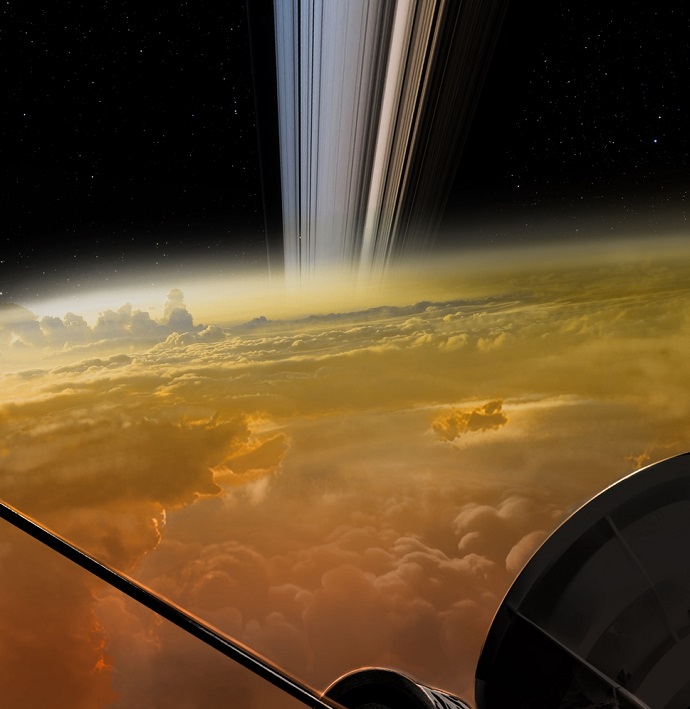 איור של ענני שבתאי רגע לפני התרסקותה של החללית קאסיני אל כוכב הלכת. קרדיט: NASA