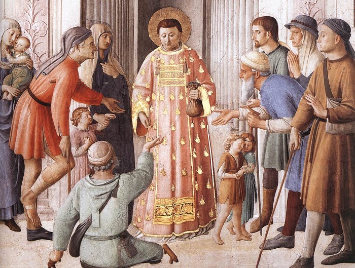 לאורנטיוס הקדוש בציורו של אנג'ליקו (1447) – מחלק את אוצרות הכנסייה לנזקקים
