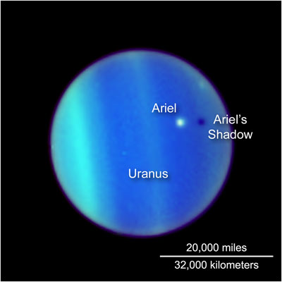 הירח אריאל חולף על פני אורנוס ב-2007 – ומטיל צל על כוכב הלכת. קרדיט: NASA
