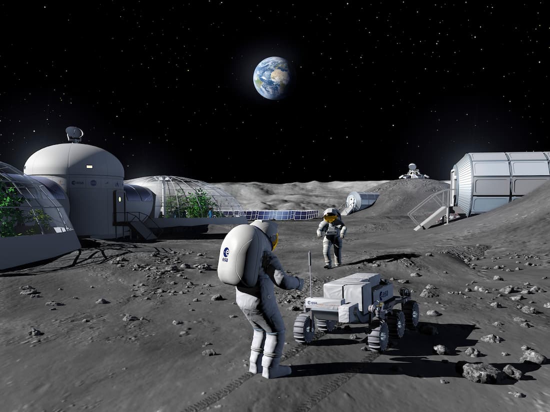 הדמיית אמן של בסיס מחקר ירחי של סוכנות החלל האירופית על הירח. קרדיט: איס"א