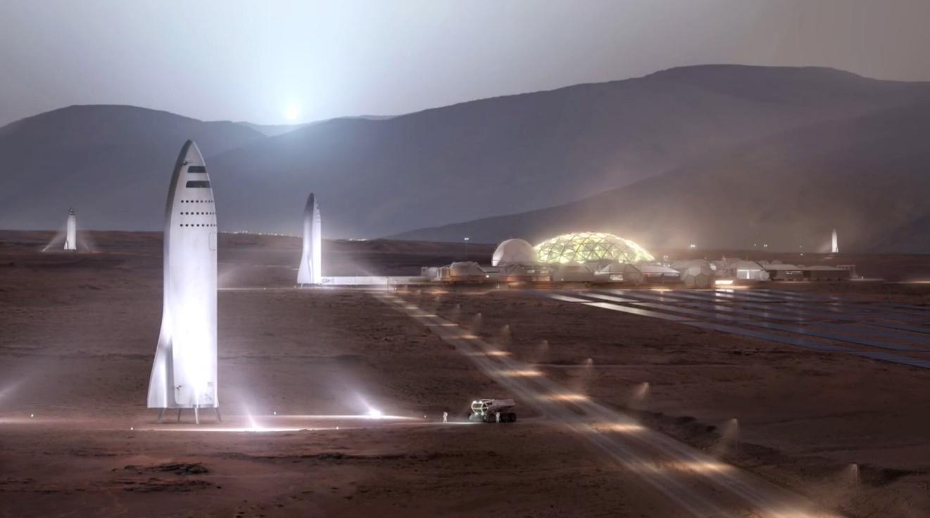 הדמיית החללית במושבה האנושית על מאדים. שימו לב לבסיס, לחוות הסולאריות ולמספר החלליות | איור: SpaceX