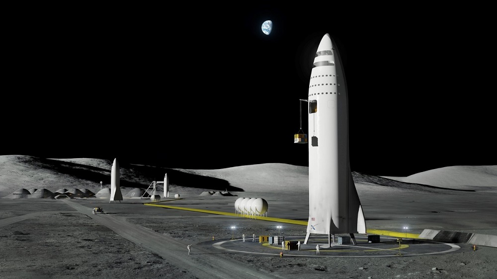 הדמיה של החללית BFR על הירח – החללית תאפשר מימוש החזון של הקמת בסיס על הירח | איור: SpaceX
